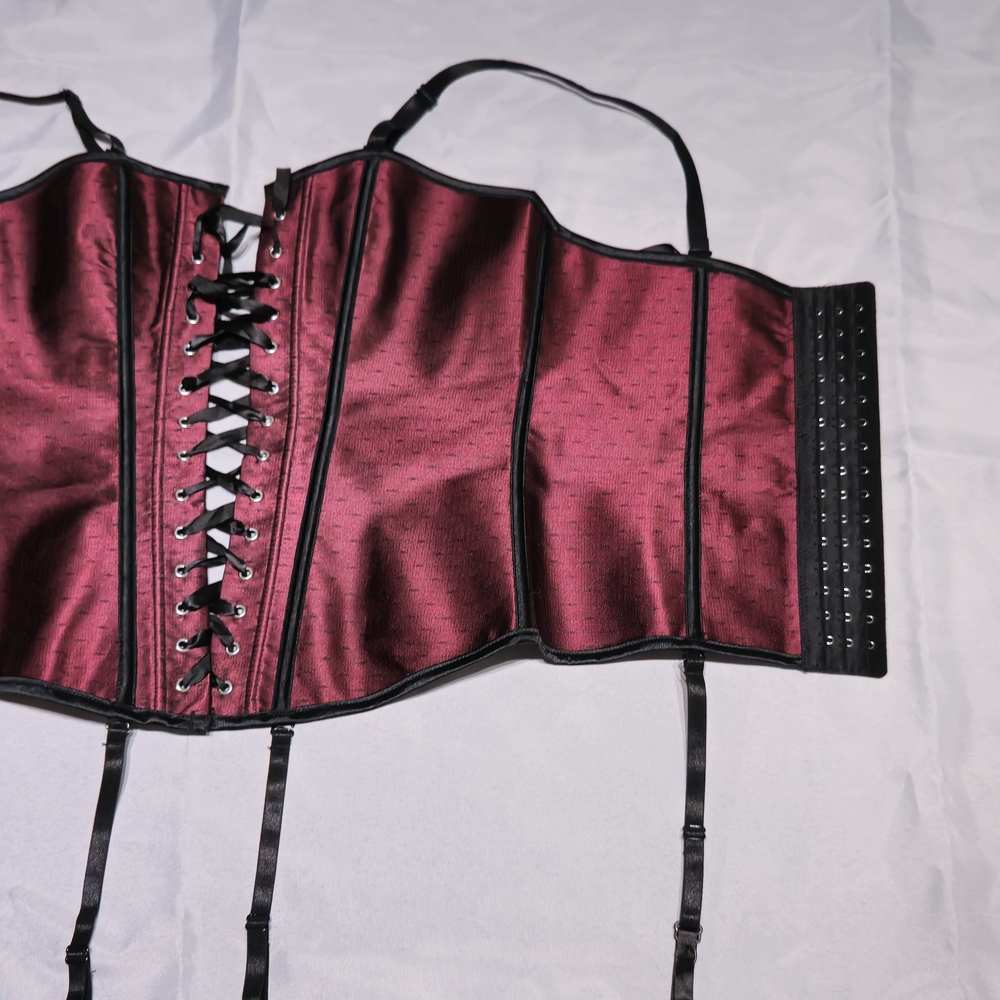 Burgundy Lace-Up Corset with Black Accents